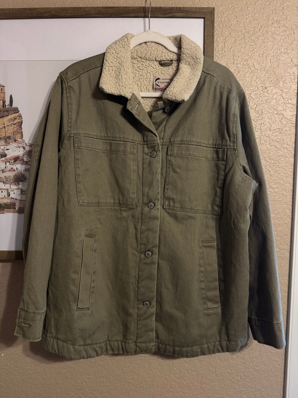 Stoosh Vintage Denim Olive Green Sherpa Lined Utility Jacket Size XL DressUp